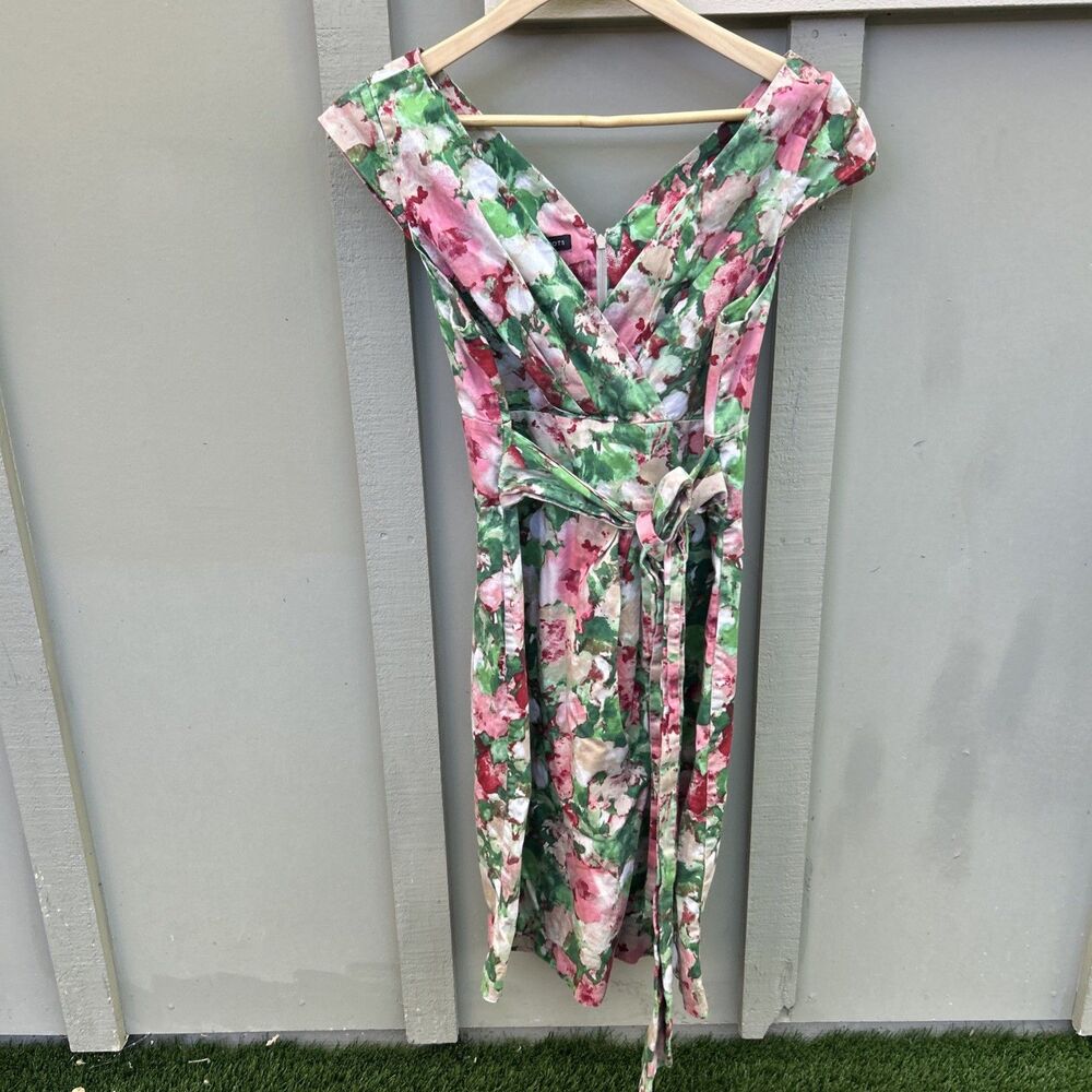 Talbots Sz 10 Dress Empire Waist V Neck Surplice Green Pink Fairy Floral Print - Picture 2 of 13